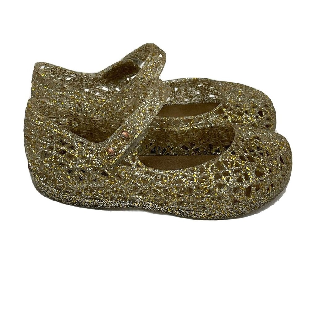 Mini Melissa + Campana Zig Zag Glitter GOLD Mary Jane Jellies Shoes size 2 Girls - Picture 1 of 6
